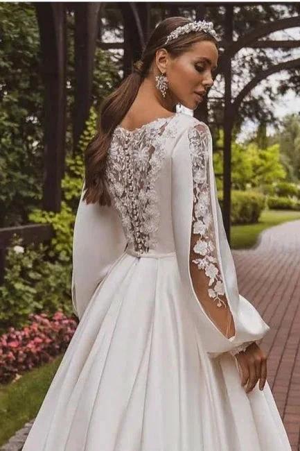 Gorgeous A-Line Satin Long Sleeve White Wedding Dress With Appliques (ZD16654)