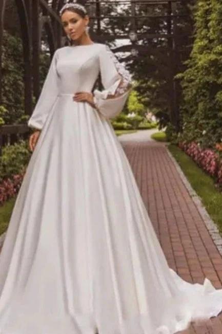 Gorgeous A-Line Satin Long Sleeve White Wedding Dress With Appliques (ZD16654)