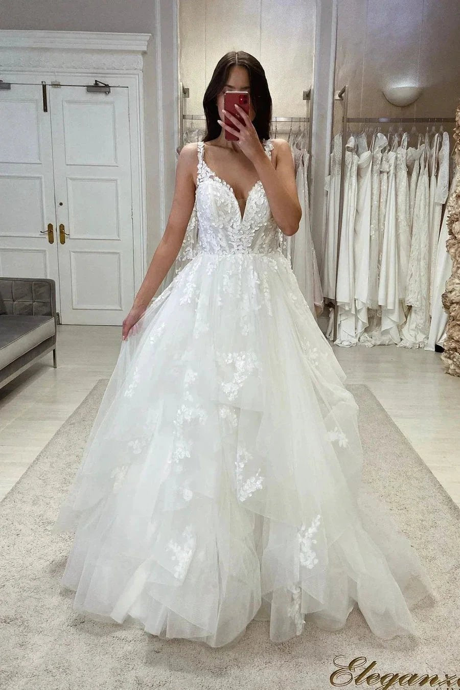 Gorgeous A-line Spaghetti straps V-neck Sleeveless Wedding Dress With Lace (ZD14554)