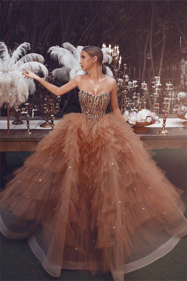 Gorgeous A-Line Tube Top Beading Prom Dresses With Pearls Sleeveless Brown Princess Evening Gowns