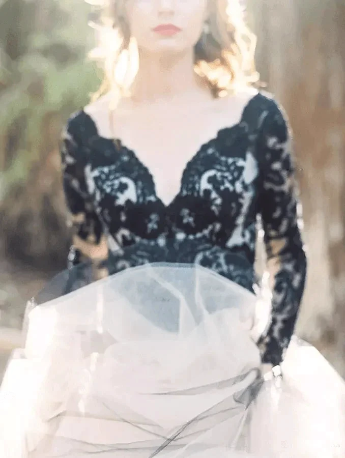 Gorgeous A-line V neck Long Sleeve Black Lace Wedding Dress Bridal Gown (ZD16004)