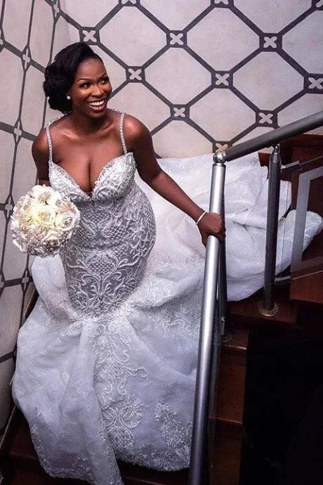 Gorgeous Beaded Lace Mermaid Sweetheart Wedding Dress Spaghetti-Straps Appliques Bridal Wears (ZD13870)