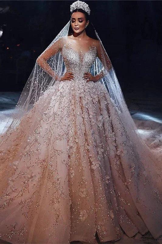 Gorgeous Beading Floral Bridal Wears Sheer Neck Long Sleeves Princess Wedding Dress (ZD16605)