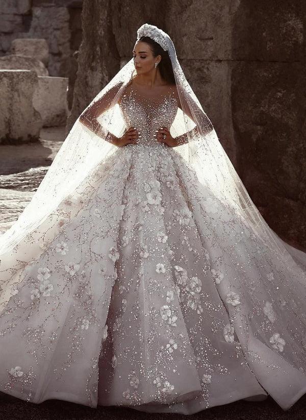 Gorgeous Beading Floral Bridal Wears Sheer Neck Long Sleeves Princess Wedding Dress (ZD16605)