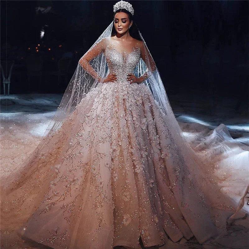 Gorgeous Beading Floral Bridal Wears Sheer Neck Long Sleeves Princess Wedding Dress (ZD16605)