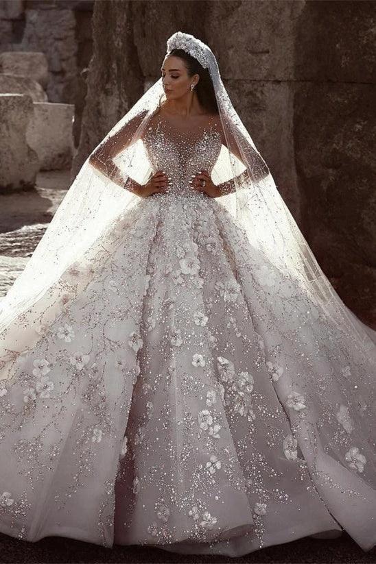 Gorgeous Beading Floral Bridal Wears Sheer Neck Long Sleeves Princess Wedding Dress (ZD16605)