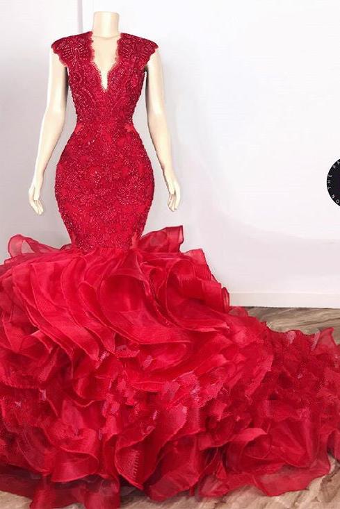 Gorgeous Beads Appliques Red Prom Dresses Ruffles Fit and Flare Alluring Evening Gowns