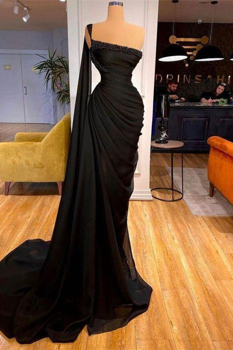 Gorgeous Black One-Shoulder Mermaid Prom Dress Long Ruffles