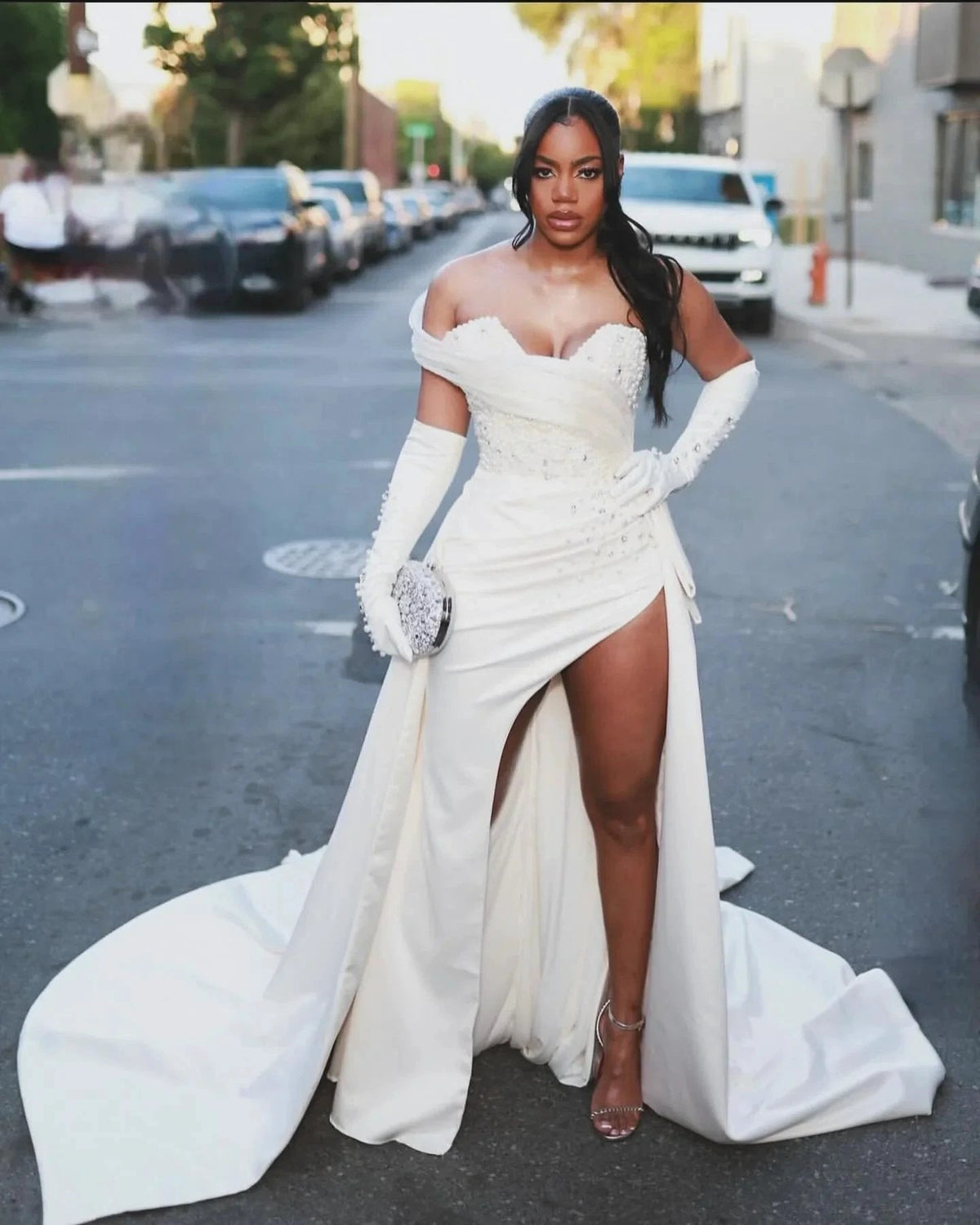 Gorgeous Column Satin One Shoulder Sleeveless White Wedding Dress With Beading Split Train (ZD15562)
