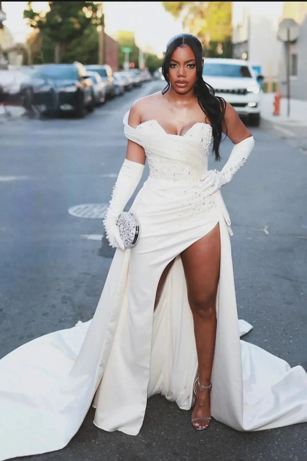 Gorgeous Column Satin One Shoulder Sleeveless White Wedding Dress With Beading Split Train (ZD15562)