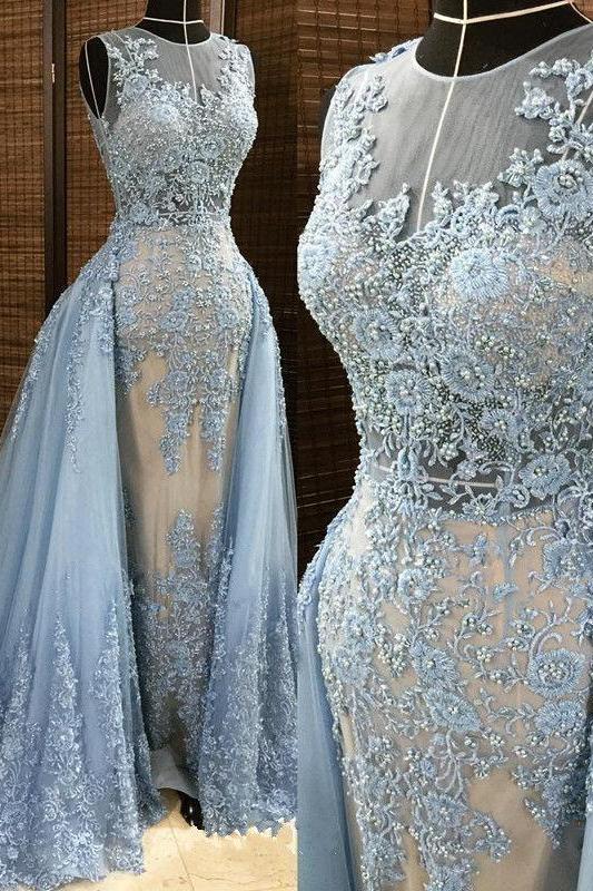 Gorgeous Column Sleleveless Long Evening Dresses Lace Appliques Beading Chic Prom Party Gowns with Overskirt