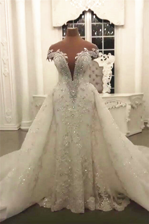 Gorgeous Crystal Lace Off-the-Shoulder V-Neck Beading Wedding Dresses with Detachable Overskirt