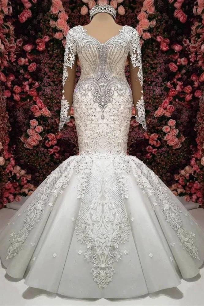 Gorgeous Crystals Mermaid Bridal Wears Long Sleeves Chapel Train Wedding Dress (ZD13875)