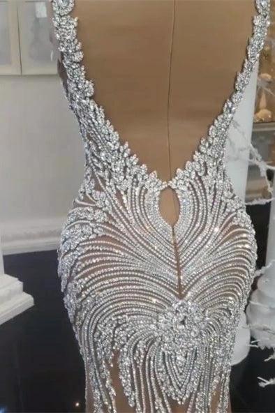 Gorgeous Crystals Mermaid Wedding Dress V-Neck Backless Champagne Bridal Wears (ZD16602)
