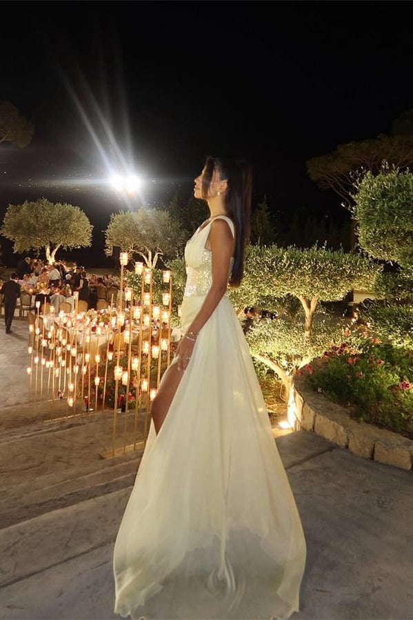Gorgeous Daffodil Asymmetrical Sequins One-Shoulder Prom Dresses With High Slit Ruffle
