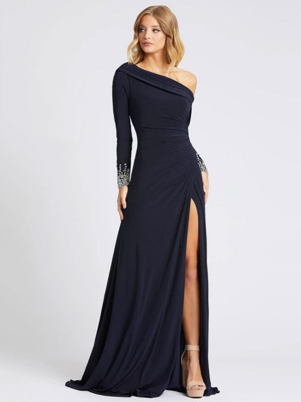 Gorgeous Deep Navy Evening Dress One-Shoulder With Train Long Sleeves Criss-Cross Lycra Spandex Sheath Social Party Dresses