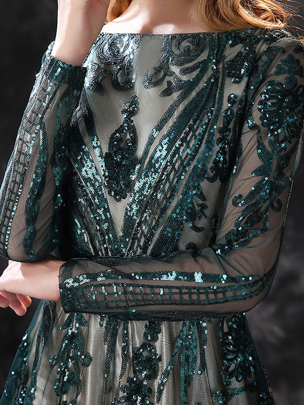Gorgeous Evening Dress A-Line Jewel Neck With Train Long Sleeves Zipper Lace Lace Formal Party Dresses