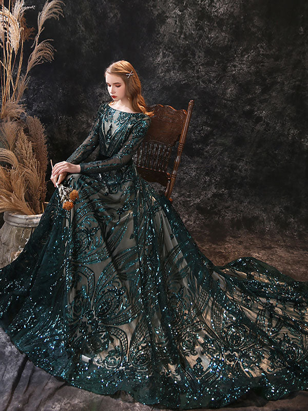 Gorgeous Evening Dress A-Line Jewel Neck With Train Long Sleeves Zipper Lace Lace Formal Party Dresses