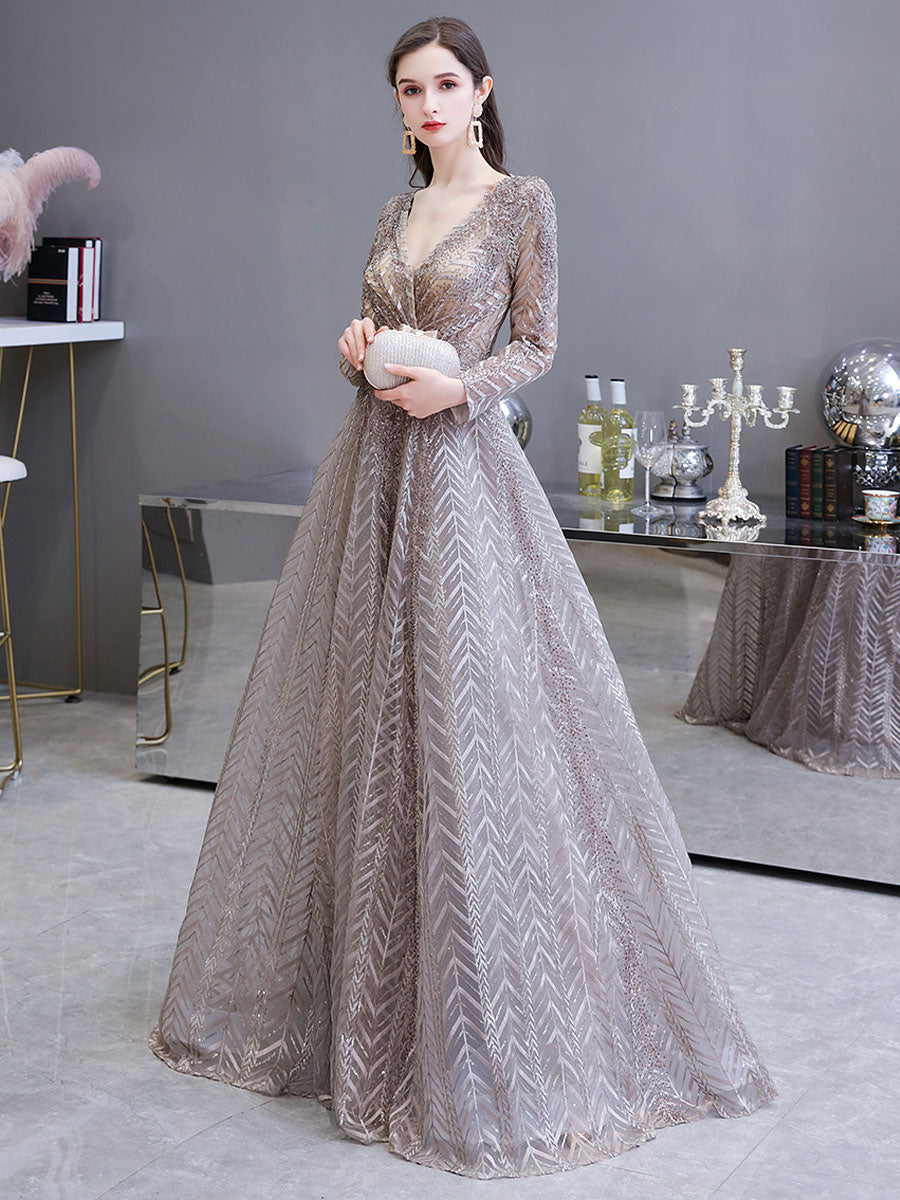 Gorgeous Evening Dress Princess Silhouette V-Neck Long Sleeve Lace Sequins Floor-Length Social Party Dresses
