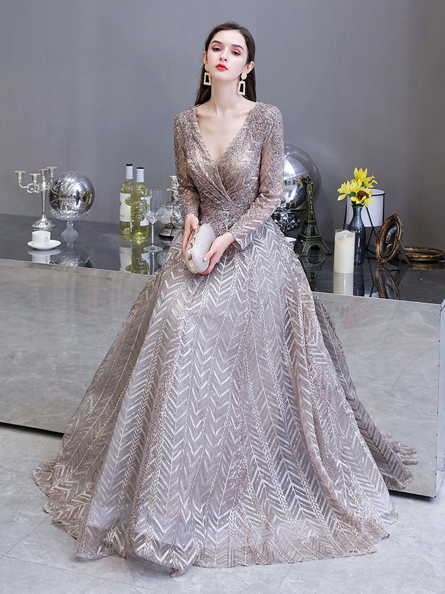 Gorgeous Evening Dress Princess Silhouette V-Neck Long Sleeve Lace Sequins Floor-Length Social Party Dresses