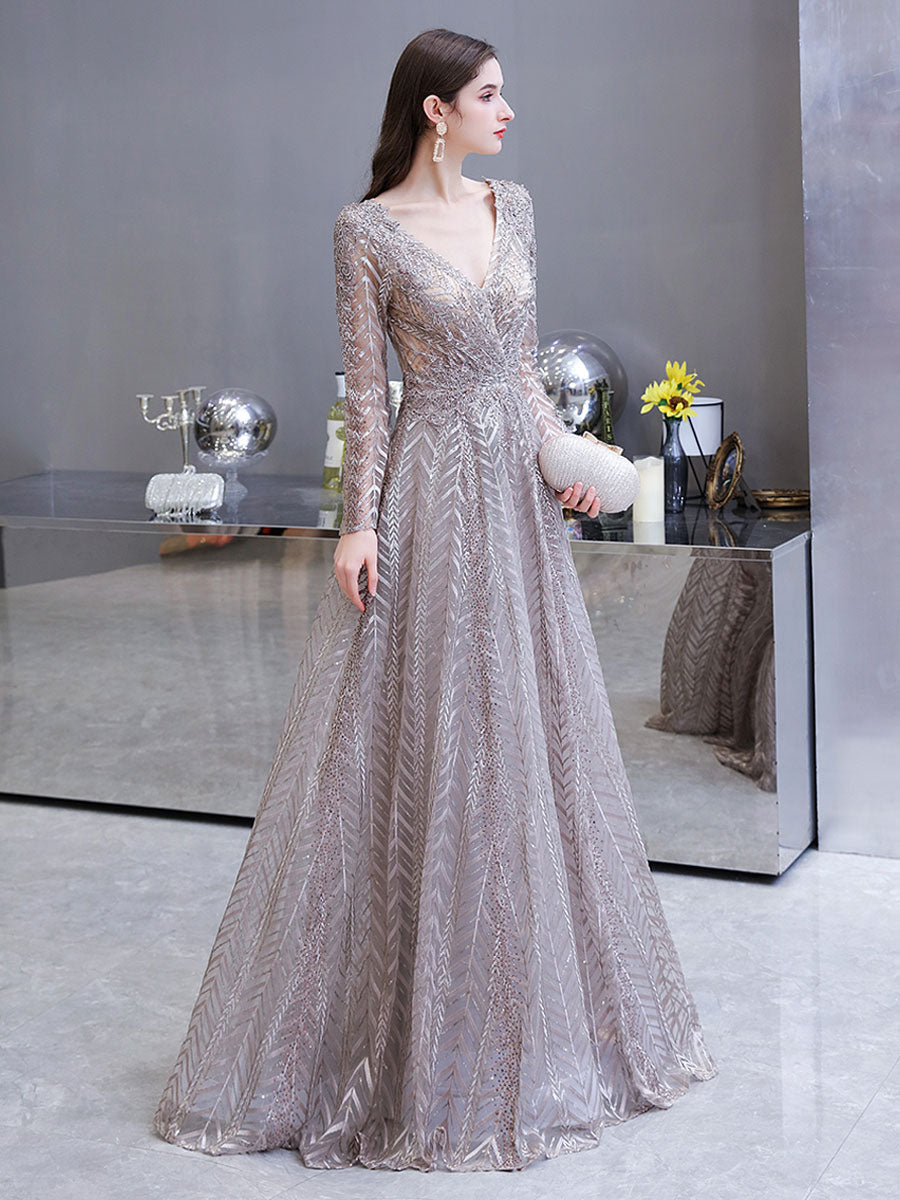 Gorgeous Evening Dress Princess Silhouette V-Neck Long Sleeve Lace Sequins Floor-Length Social Party Dresses
