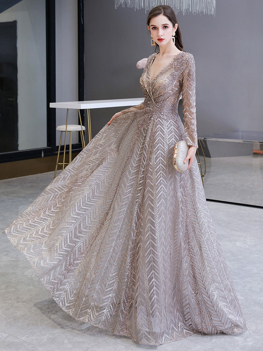 Gorgeous Evening Dress Princess Silhouette V-Neck Long Sleeve Lace Sequins Floor-Length Social Party Dresses