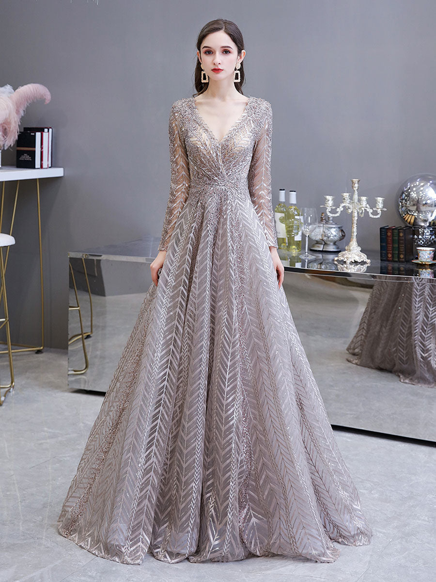 Gorgeous Evening Dress Princess Silhouette V-Neck Long Sleeve Lace Sequins Floor-Length Social Party Dresses