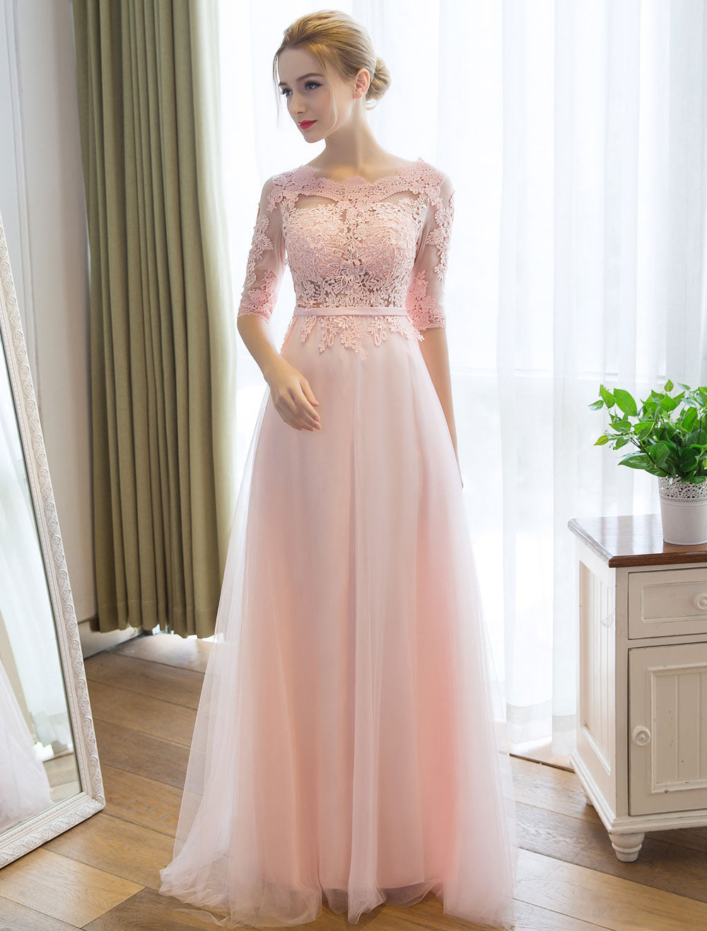 Gorgeous Evening Dresses Long Soft Pink Half Sleeve Lace Tulle Formal Evening Lace Applique Maxi Party Dress