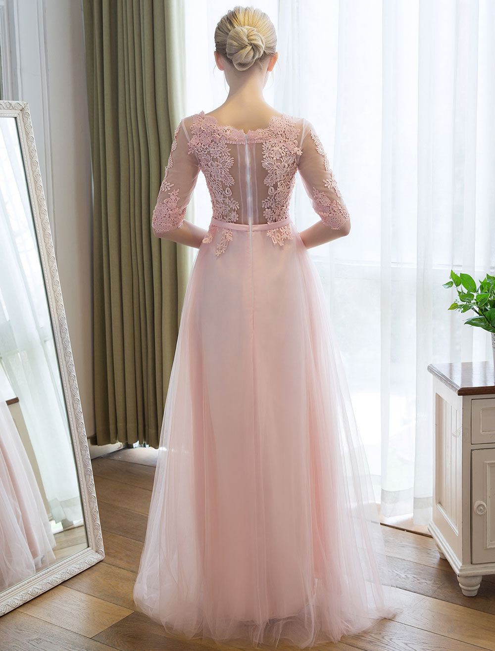 Gorgeous Evening Dresses Long Soft Pink Half Sleeve Lace Tulle Formal Evening Lace Applique Maxi Party Dress