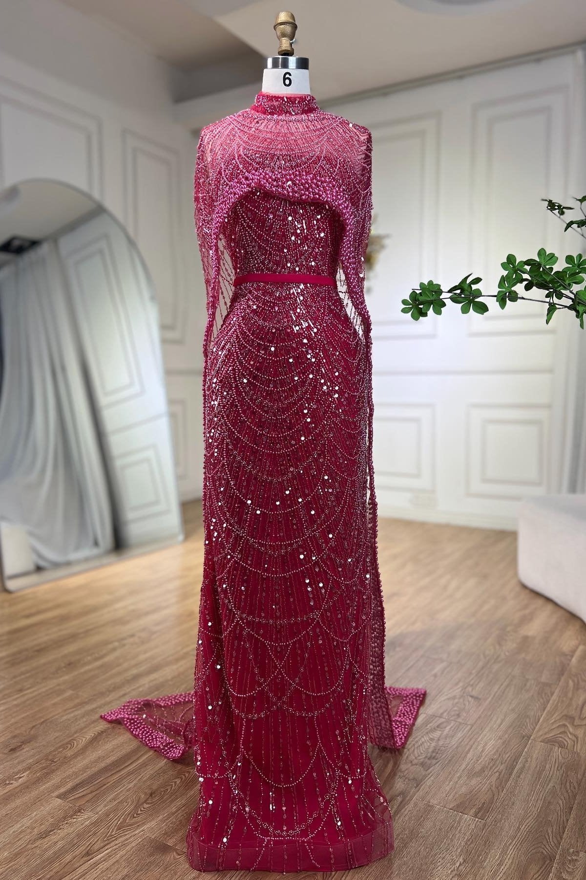 Gorgeous Fuchsia Mermaid Prom Dress Beadings Pearls With Cape