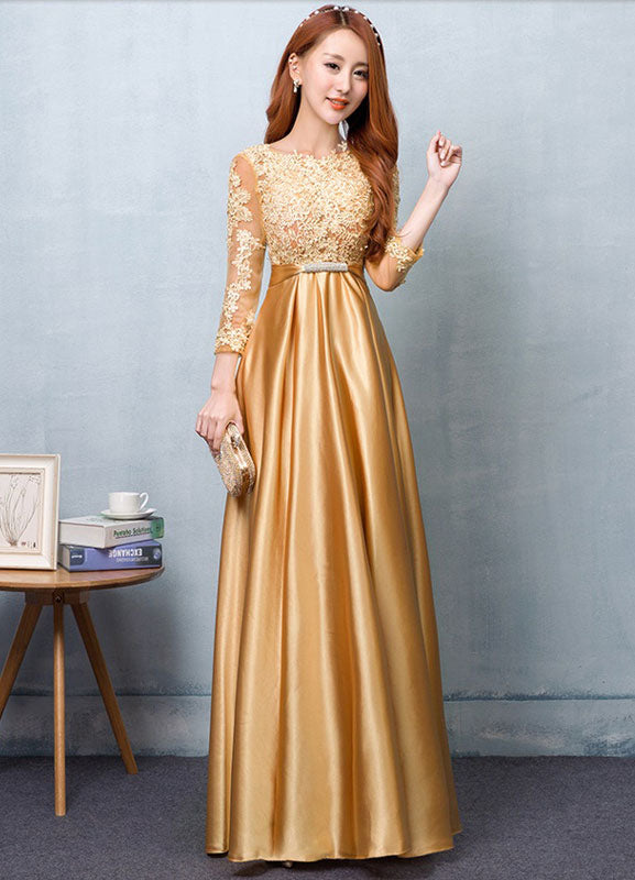 Gorgeous Gold Evening Dress Satin evening dress Lace Applique Wedding Guest Dresses Sash A-Line Maxi Mother's Dress wedding guest dress