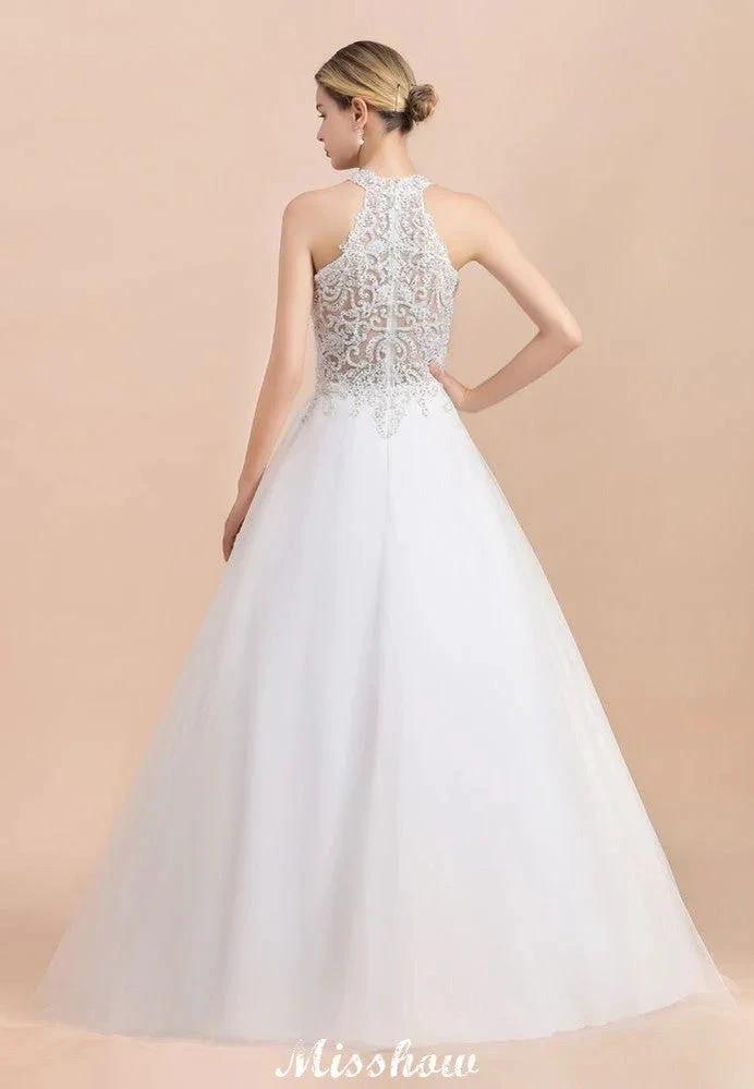 Gorgeous Halter Rhinstones Wedding Dress White Tulle Lace Appliques Aline Bridal Gown (ZD16615)