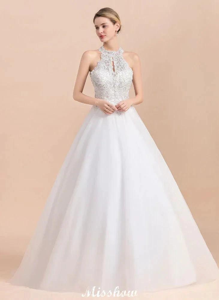 Gorgeous Halter Rhinstones Wedding Dress White Tulle Lace Appliques Aline Bridal Gown (ZD16615)