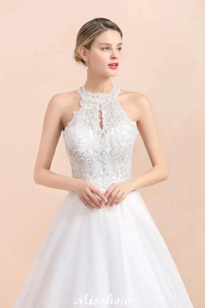 Gorgeous Halter Rhinstones Wedding Dress White Tulle Lace Appliques Aline Bridal Gown (ZD16615)