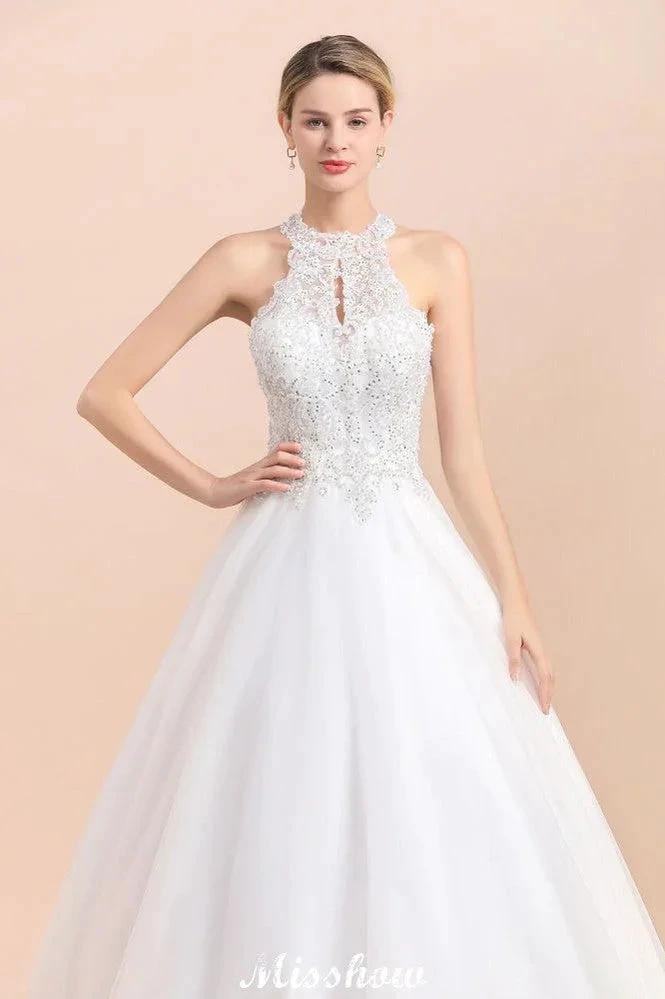 Gorgeous Halter Rhinstones Wedding Dress White Tulle Lace Appliques Aline Bridal Gown (ZD16615)