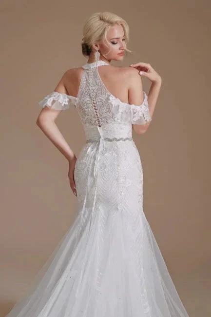 Gorgeous Halter Sleeveless Mermaid Floor-Length Tulle Wedding Dresses with Applique (ZD14662)