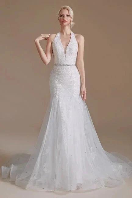 Gorgeous Halter Sleeveless Mermaid Floor-Length Tulle Wedding Dresses with Applique (ZD14662)