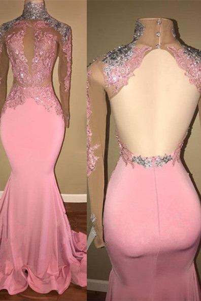 Gorgeous High-Neck Backless Pink Prom Party GownsMermaid With Lace Appliques