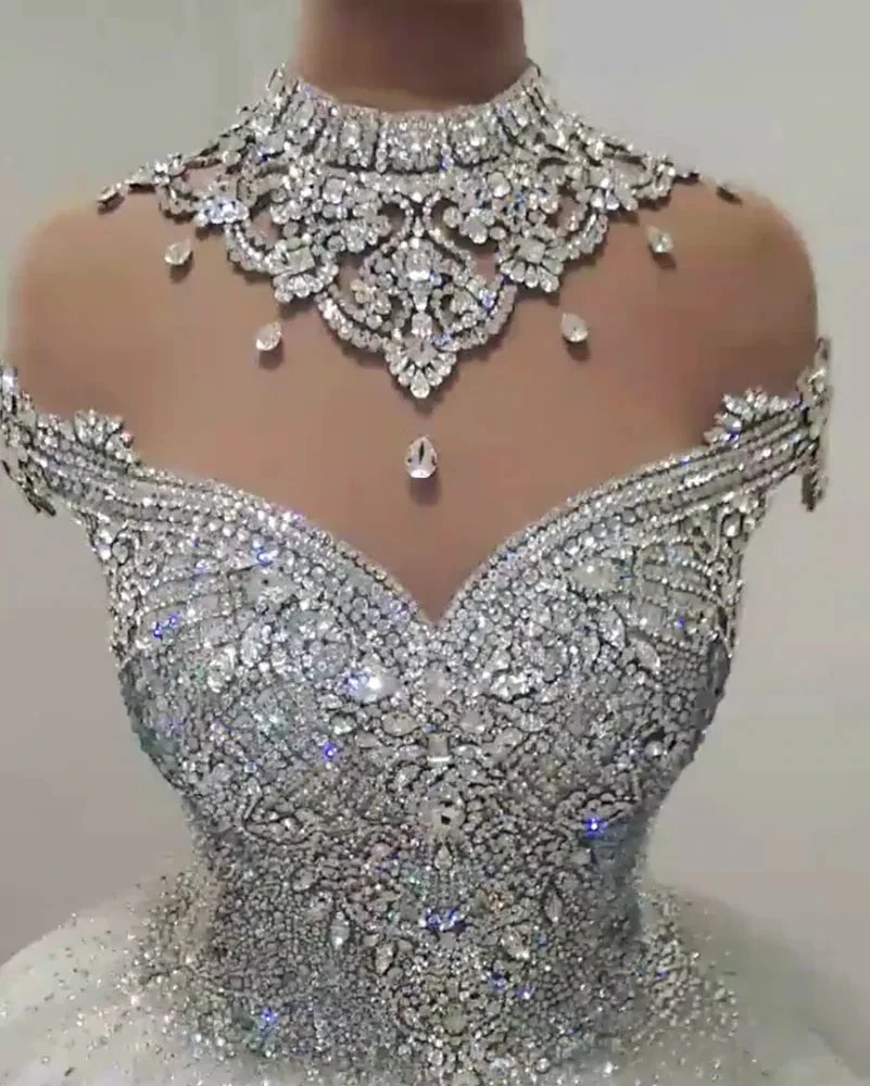 Gorgeous High Neck Crystal Beading Princess Wedding Dress (ZD13885)