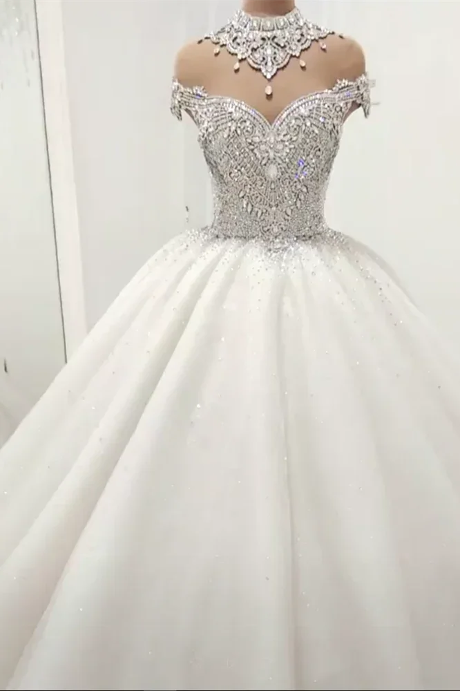 Gorgeous High Neck Crystal Beading Princess Wedding Dress (ZD13885)