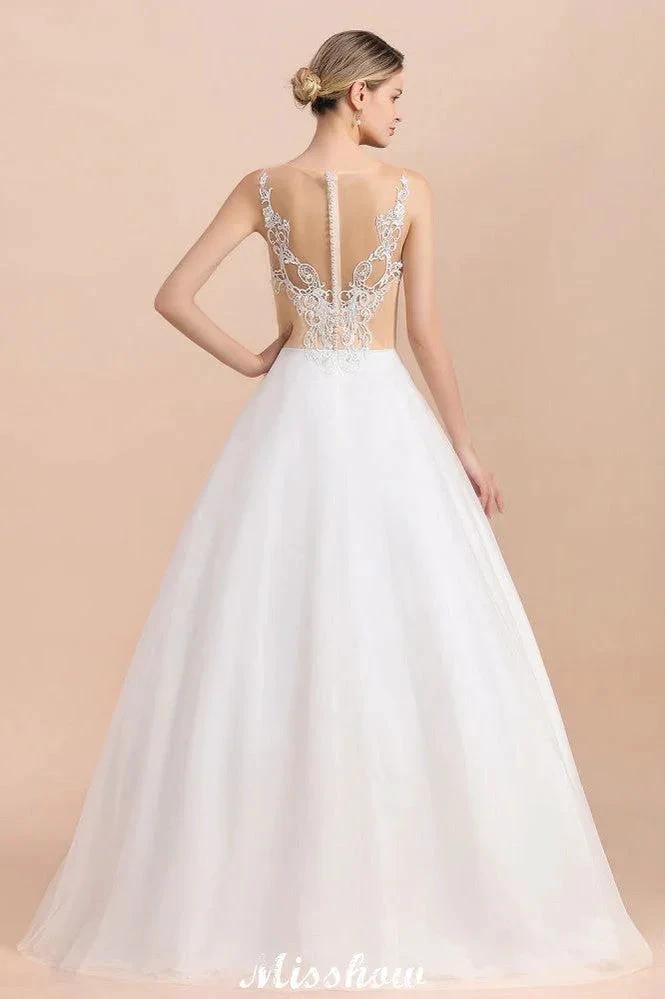 Gorgeous Illusion Neck Button Sleeveless White Ball Gown Wedding Dress (ZD13990)