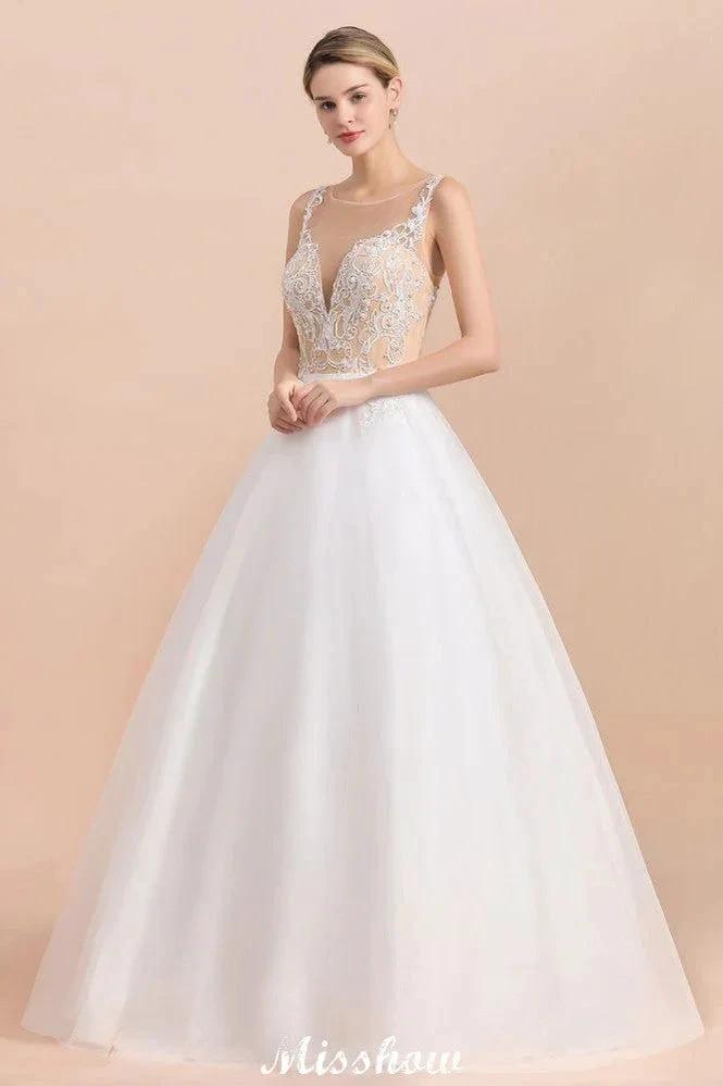 Gorgeous Illusion Neck Button Sleeveless White Ball Gown Wedding Dress (ZD13990) - View 3 | VelvetHem
