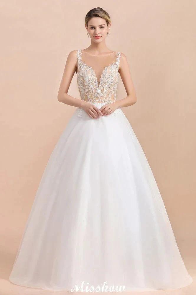 Gorgeous Illusion Neck Button Sleeveless White Ball Gown Wedding Dress by misshow.com