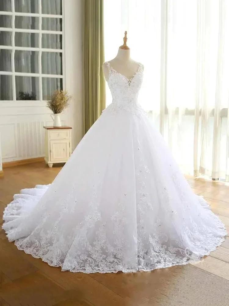 Gorgeous Lace Beaded Wedding Dress New Arrival V-Neck Straps Long Princess Wedding Party Bridal Dress (ZD16594)