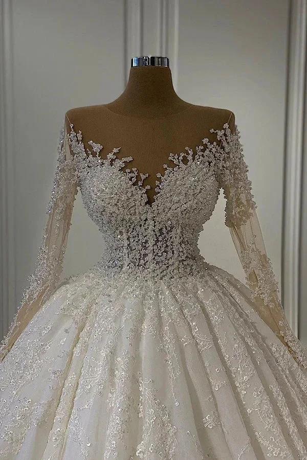 Gorgeous Lace Long Sleeve Beads Ball Gown Wedding Dress (ZD14455)