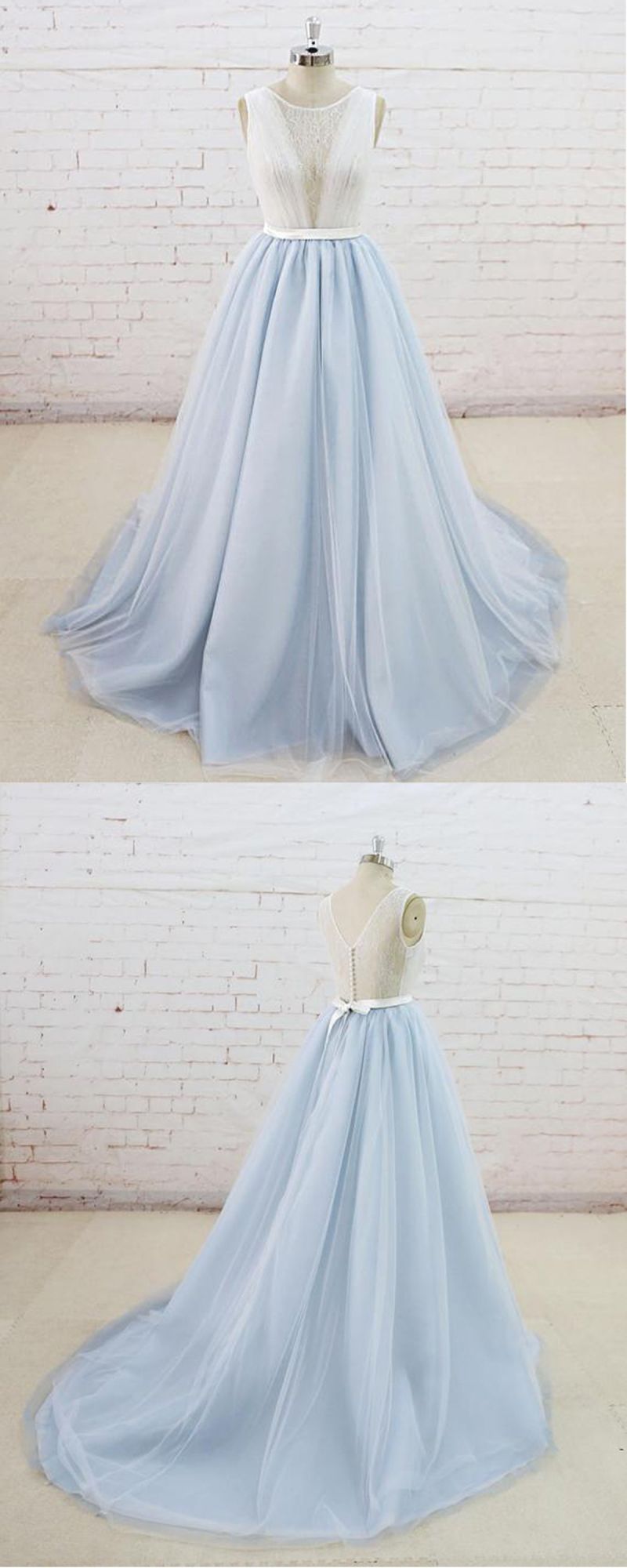 Gorgeous Light Blue Tulle Lace Wedding Dress Sheer Back Summer Bridal Gowns On Sale (ZD17434)