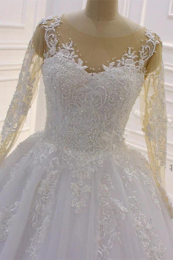 Gorgeous Long A-Line Bateau Pearl Tulle Appliques Lace Wedding Dress with Sleeves (ZD15188)