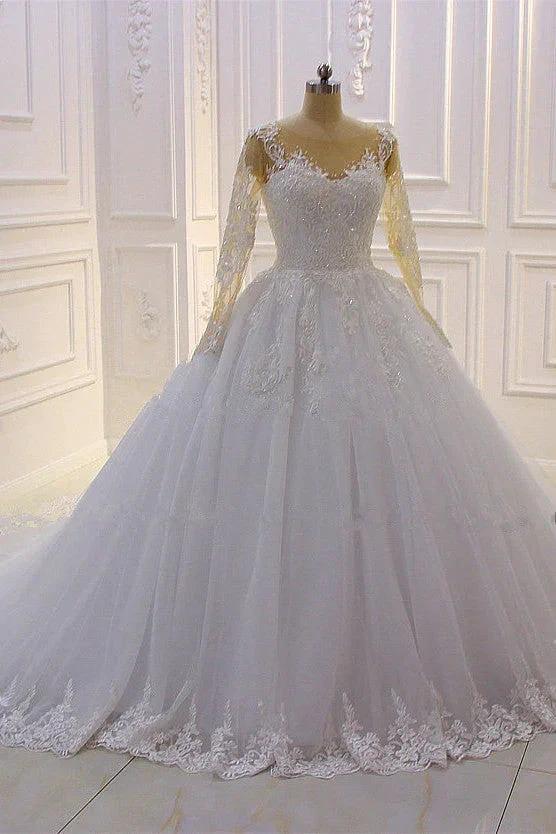Gorgeous Long A-Line Bateau Pearl Tulle Appliques Lace Wedding Dress with Sleeves (ZD15188)