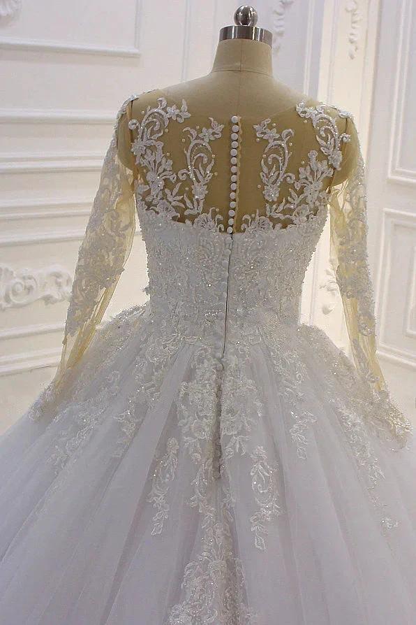 Gorgeous Long A-Line Bateau Pearl Tulle Appliques Lace Wedding Dress with Sleeves (ZD15188)