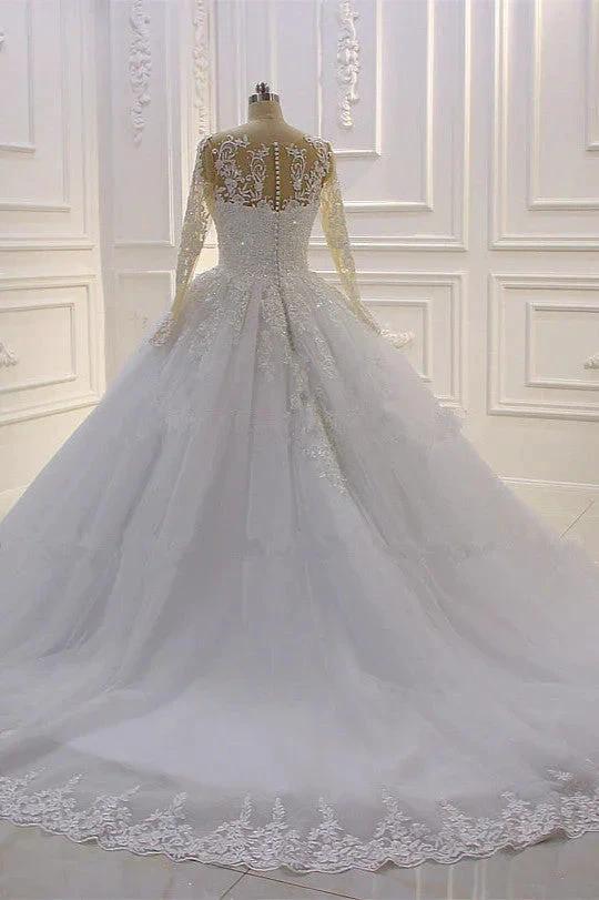 Gorgeous Long A-Line Bateau Pearl Tulle Appliques Lace Wedding Dress with Sleeves (ZD15188)